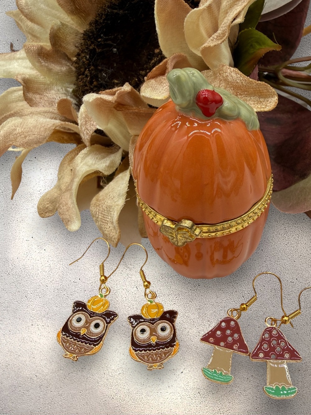 Hallmark Pumpkin Trinket & Fall Earrings: Owls, Mushrooms, Pumpkins